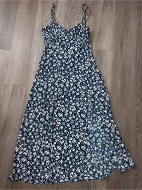 Zara Navy Blue Floral Midi Dress with White Flowers